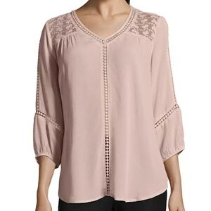 NEW JohnPaulRichard Blush Pink Lace V-Neck 3/4 Blousan Sleeve Boho Top Plus 1X
